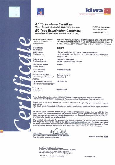 Taflift CE certificate